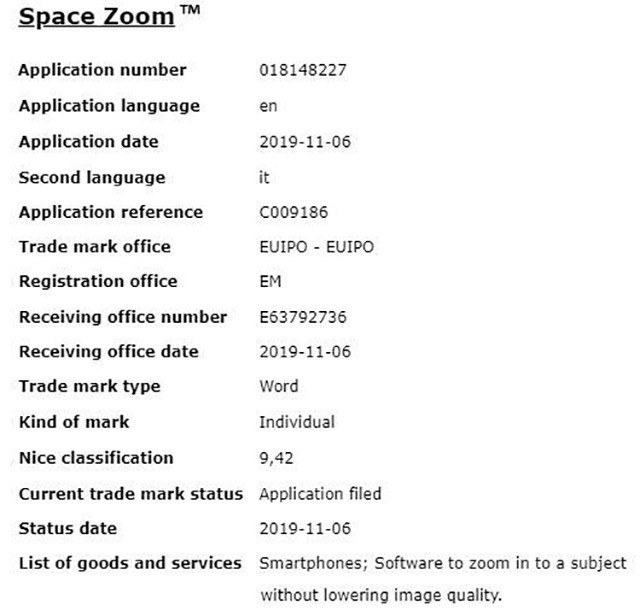 三星申请“Space Zoom（太空变焦）”商标